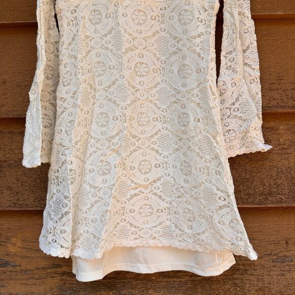 Zunie Cream Lace Long-Sleeve Dress 10 With High Collar & Back Zipper - Picture 5 of 7
